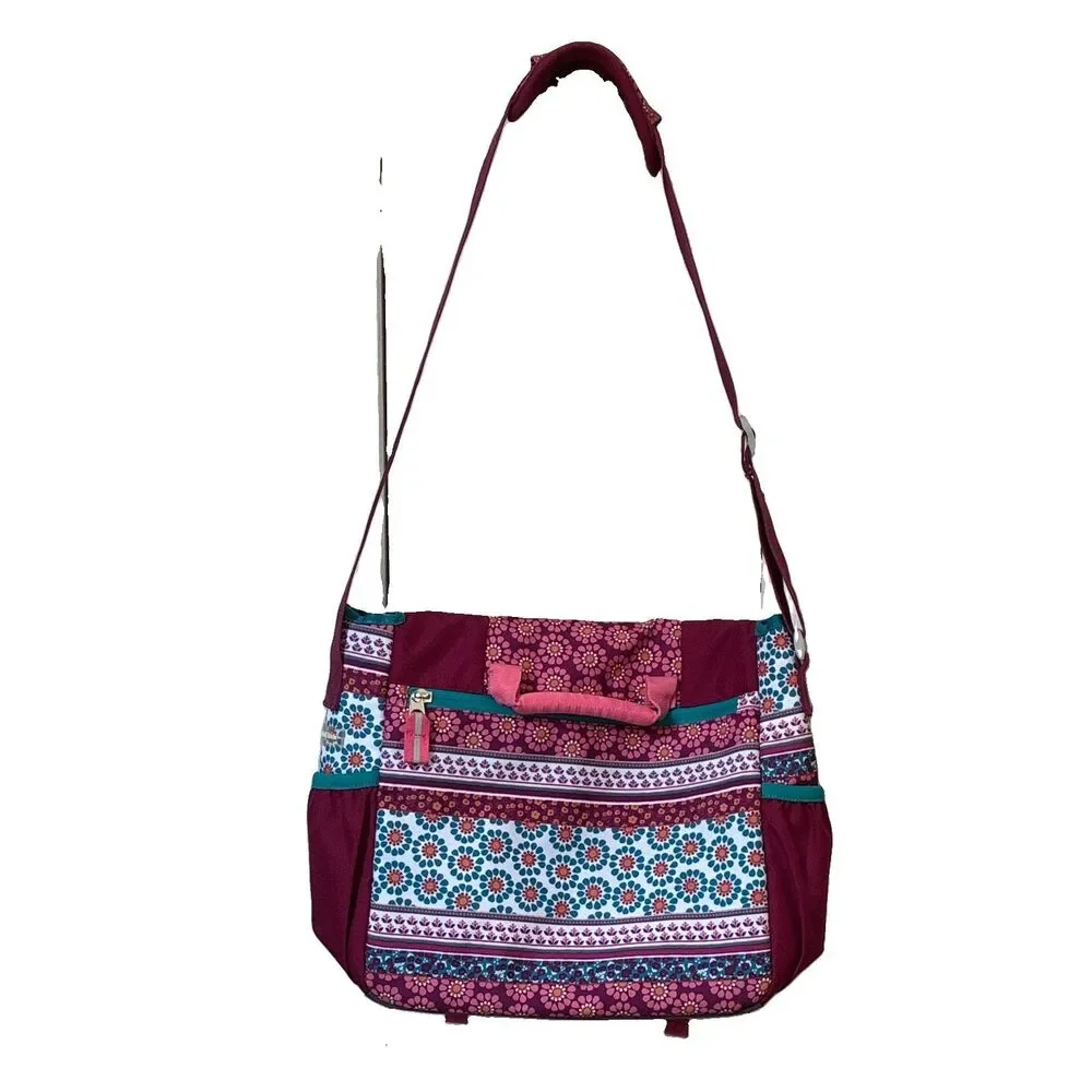 Garnet Hill Kids Floral Messenger Bag Adjustable Strap Bottle Pocket Burgundy